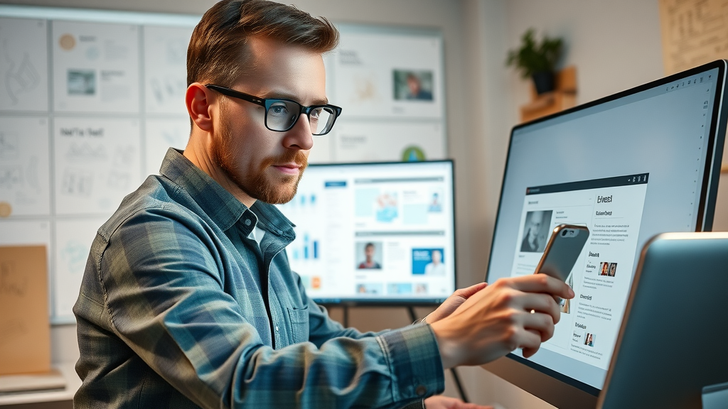 Designer working on responsive layouts for large screens and mobile devices, adjusting grids for web design workflow in a modern creative studio.