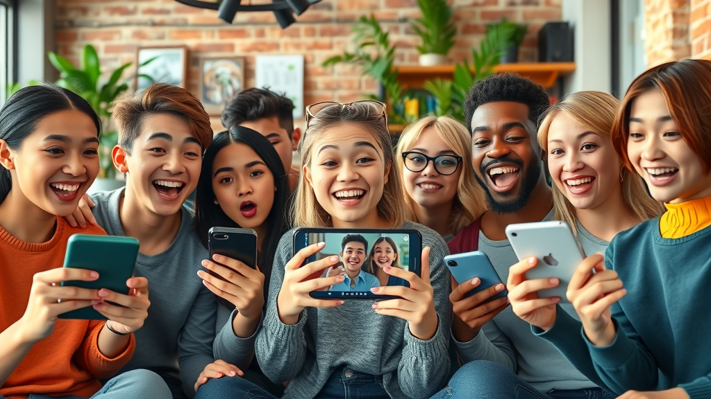 diverse group enjoying viral social media video marketing trends on smartphones and tablets in urban setting
