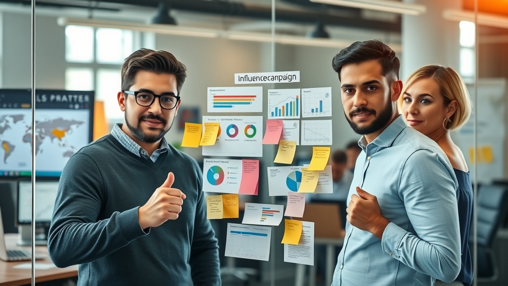 ambitious small business team mapping out an influencer marketing campaign on a glass board