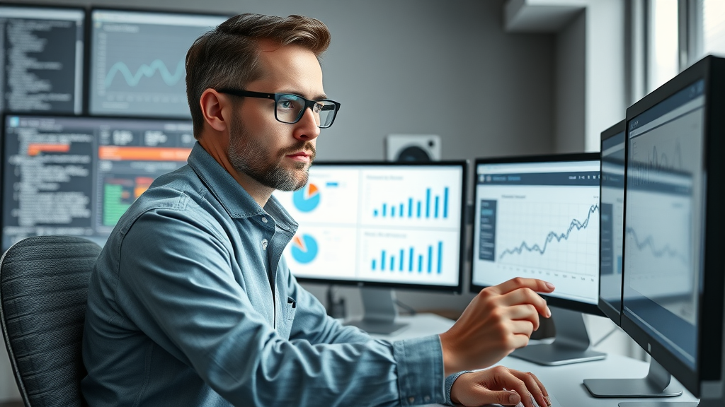 SEO specialist reviewing audit checklist, analytics graphs, and technical SEO reports