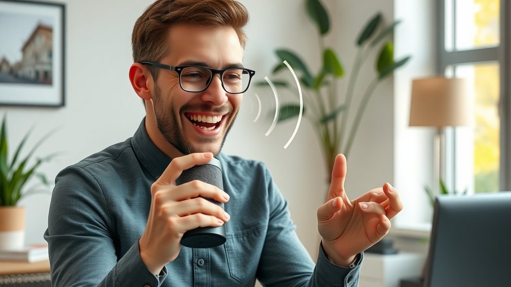 consumer using voice search for digital advertising trends analysis in a stylish home office