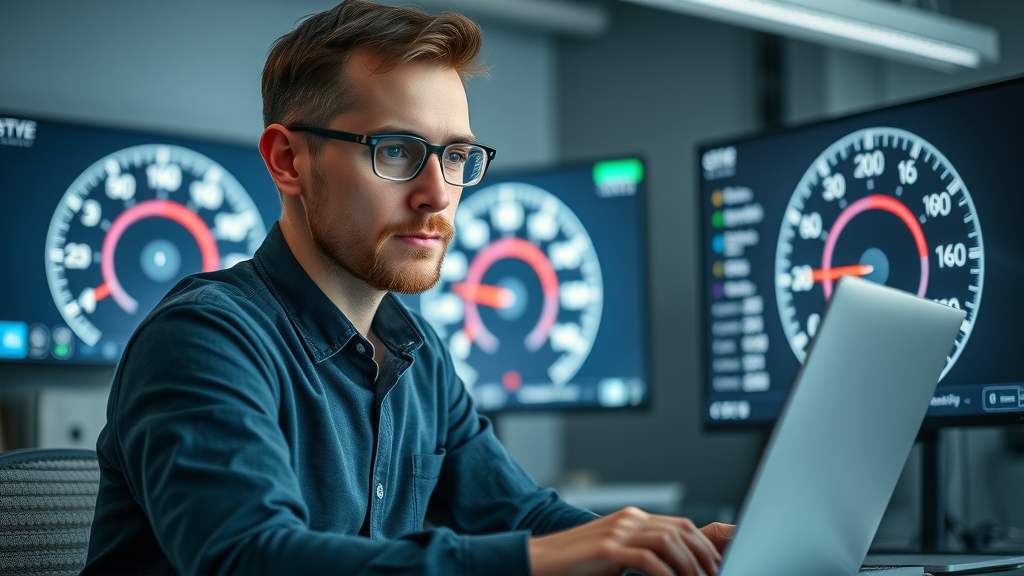 web developer monitoring website speed metrics on laptop; page speed dashboard; boosting on-page optimization