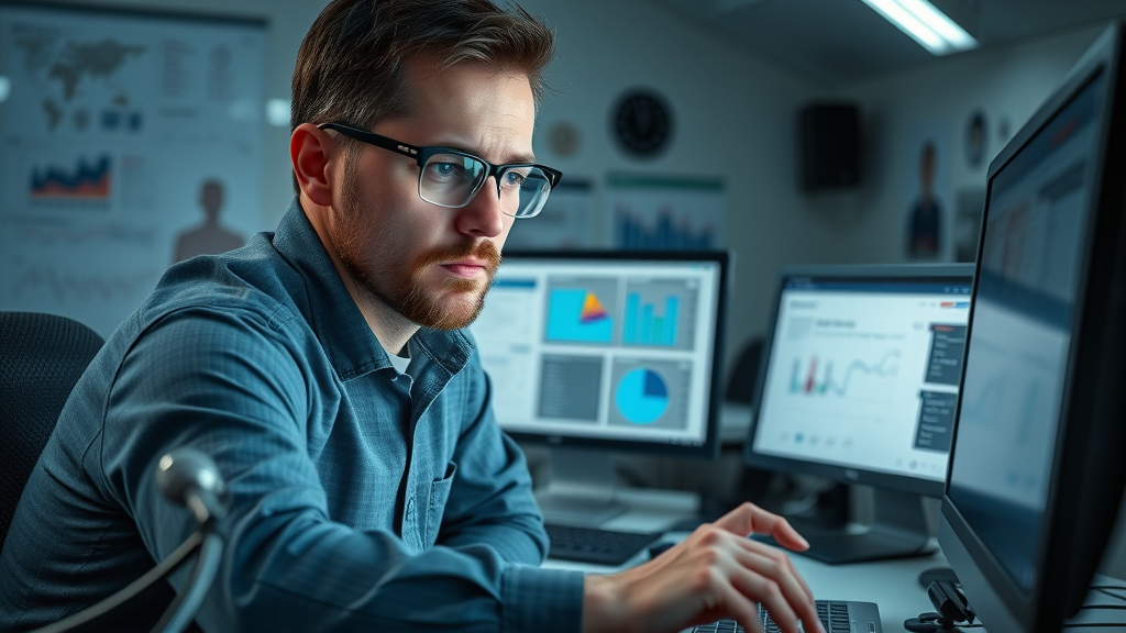 website audit scene, IT technician fixing SEO technical issues, audit tools and charts, SEO techniques