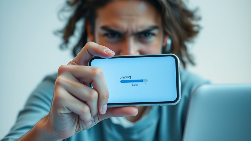 Website optimization for mobile devices with dynamic loading screen, frustrated user expresses impatience