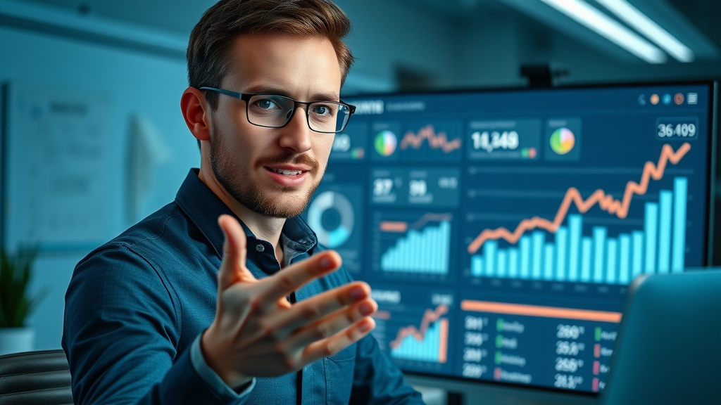 successful SEO analyst presenting growth metrics, charts showing increasing website traffic and rankings