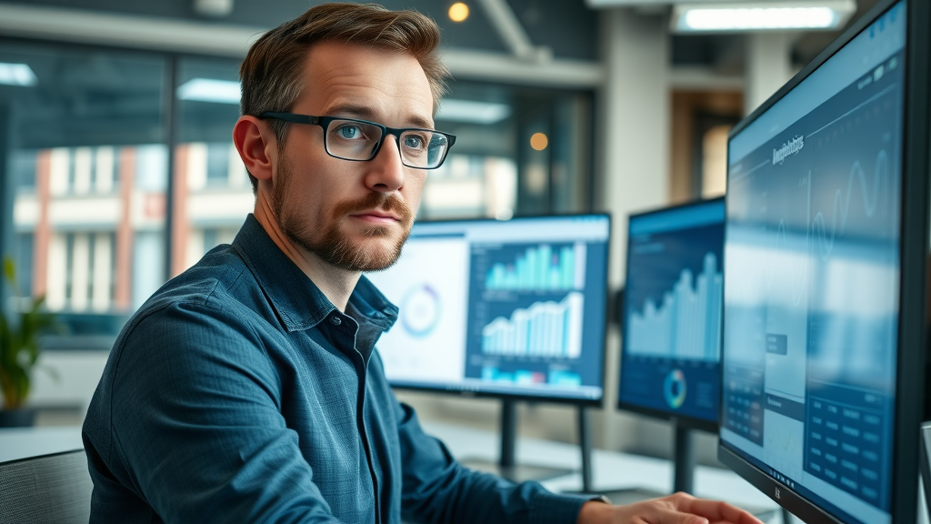 marketing manager reviewing analytics dashboard of video engagement metrics and optimization in open office
