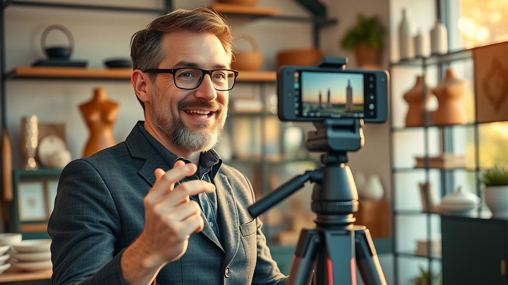 confident local business owner recording a video ad message to customers