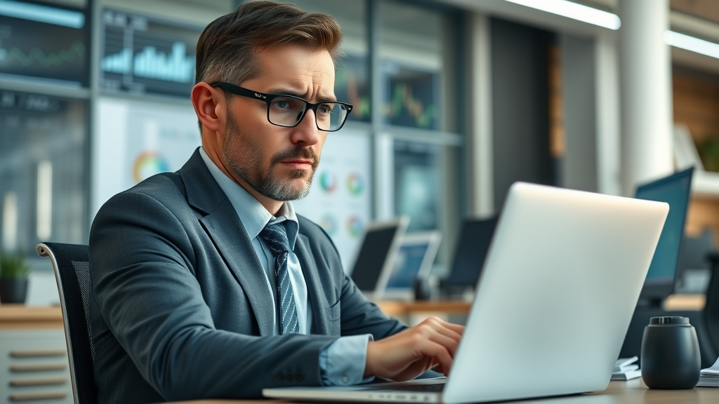 concerned business professional analyzing slow website on laptop, website performance issues in the office