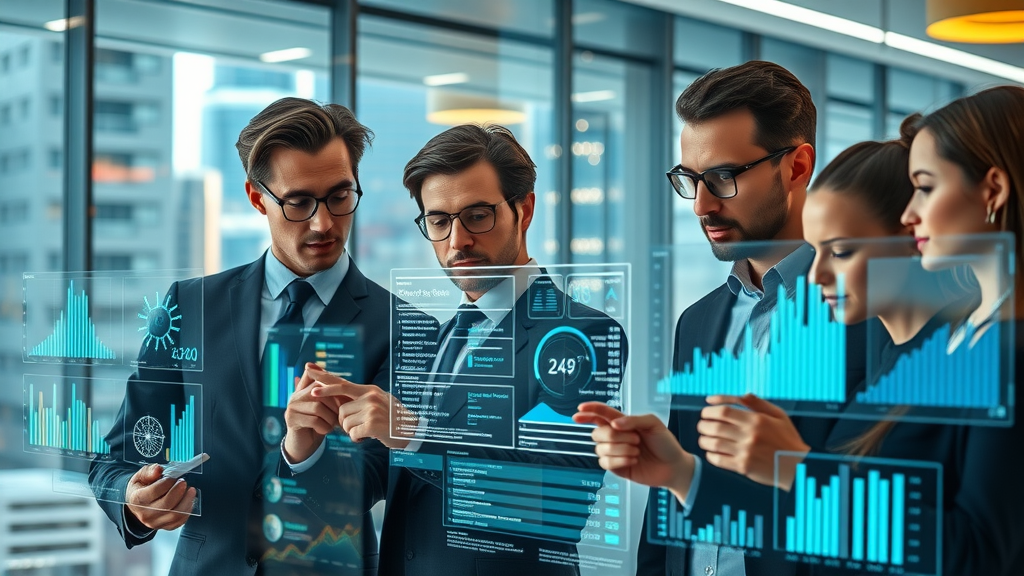 futuristic digital advertising team analyzing digital ad data for digital advertising trends in a modern office