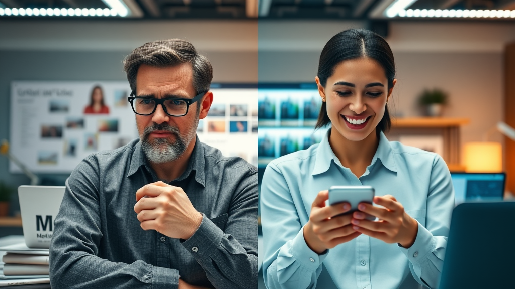 Split screen: old, cluttered website vs. modern, mobile-friendly site; users reacting from frustration to satisfaction.