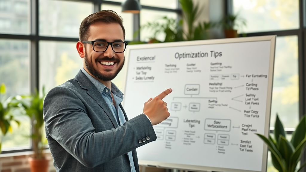 Expert digital marketing consultant pointing at whiteboard with sales funnel optimization tips and diagrams