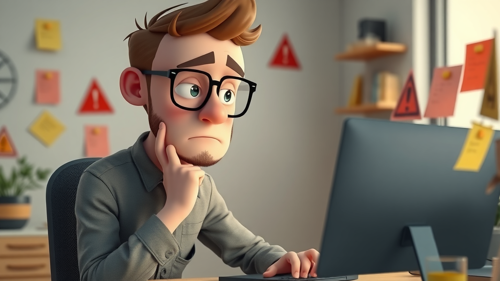 webmaster reviewing mistakes on a screen with warning icons keyword research