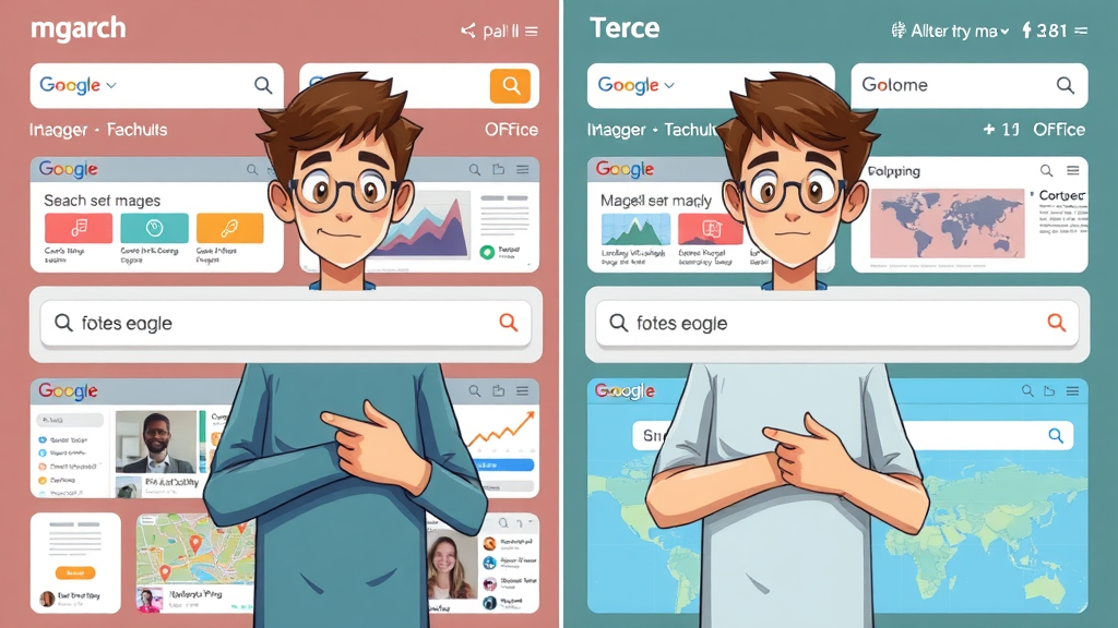 Informative visual comparison chart illustrating different types of search engines—web, vertical, hybrid, metasearch—each on a structured grid with relevant technology icons and balanced colors.