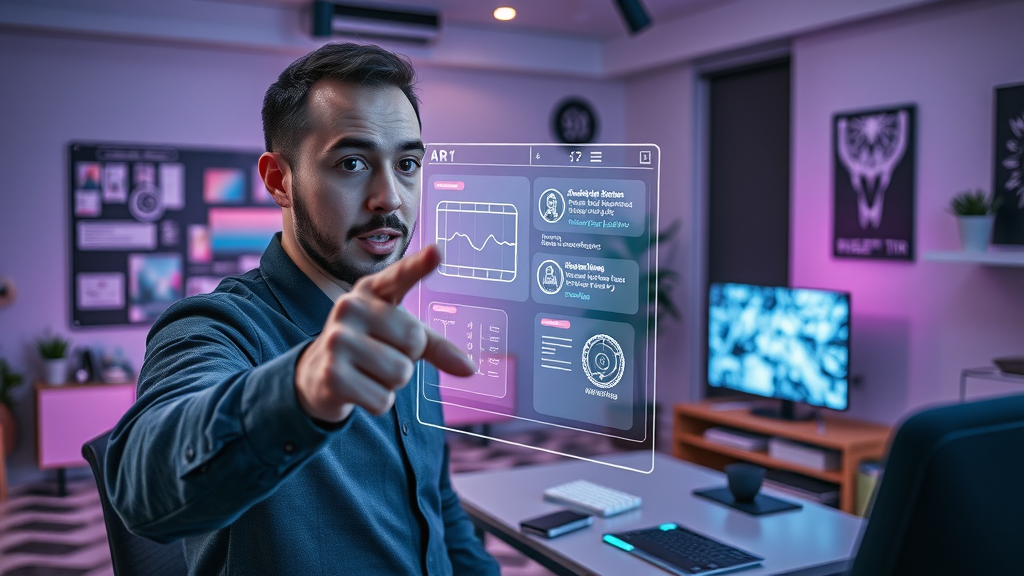 User interacting with AR features on a futuristic website - augmented reality web design trend