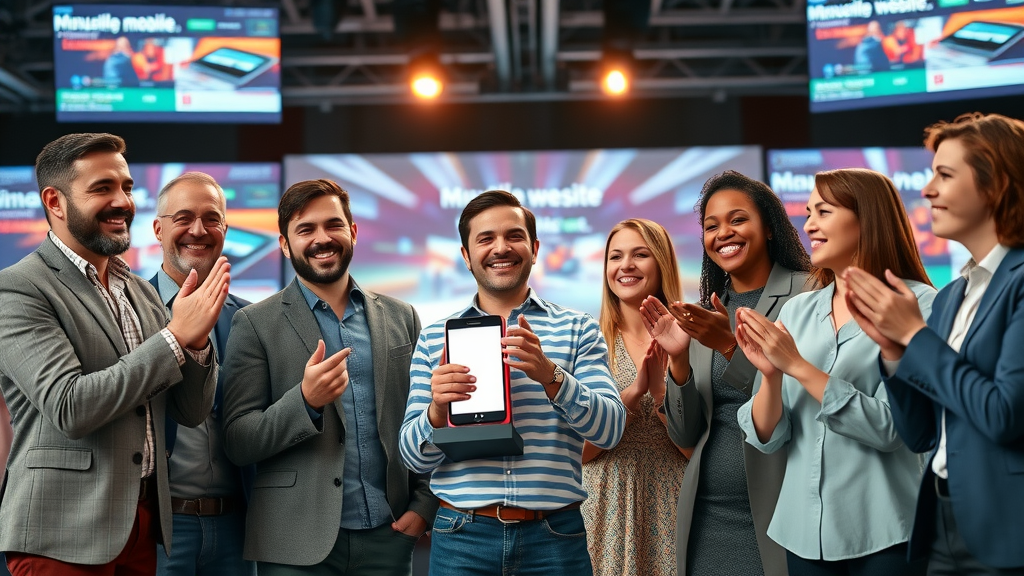 Digital design team celebrating with award for outstanding mobile website at a conference, digital screens highlighting winning web designs.