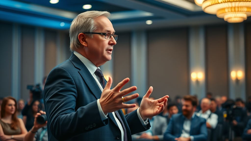 Influential spokesperson presenting at a seminar—a key step to becoming a featured expert on a media news site.