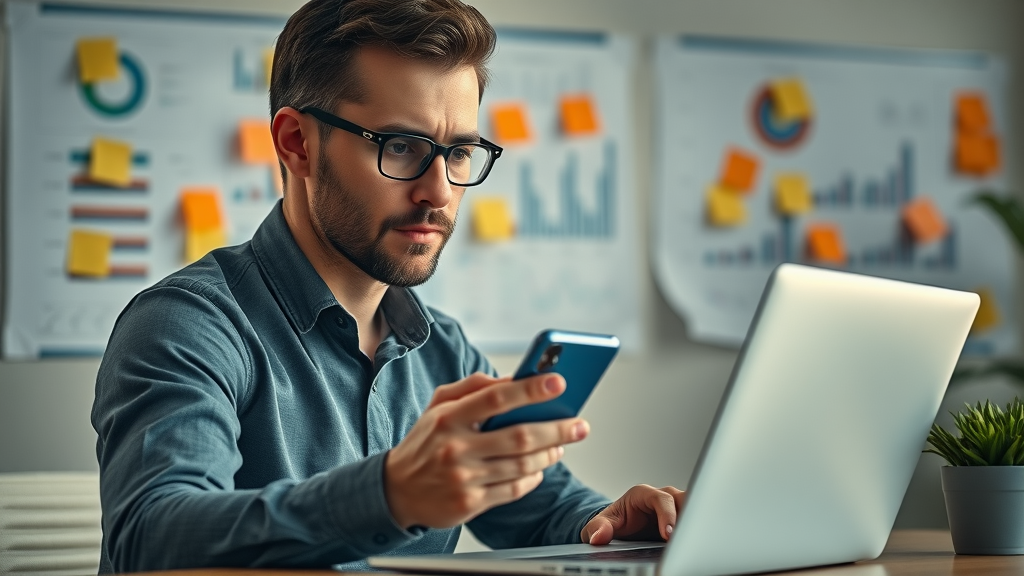 social media advertising ideas focused marketer planning campaign content, using laptop and smartphone, workspace with charts and notes