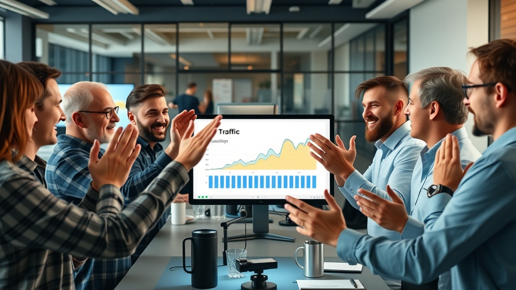 business owners celebrating website traffic spike due to keyword research