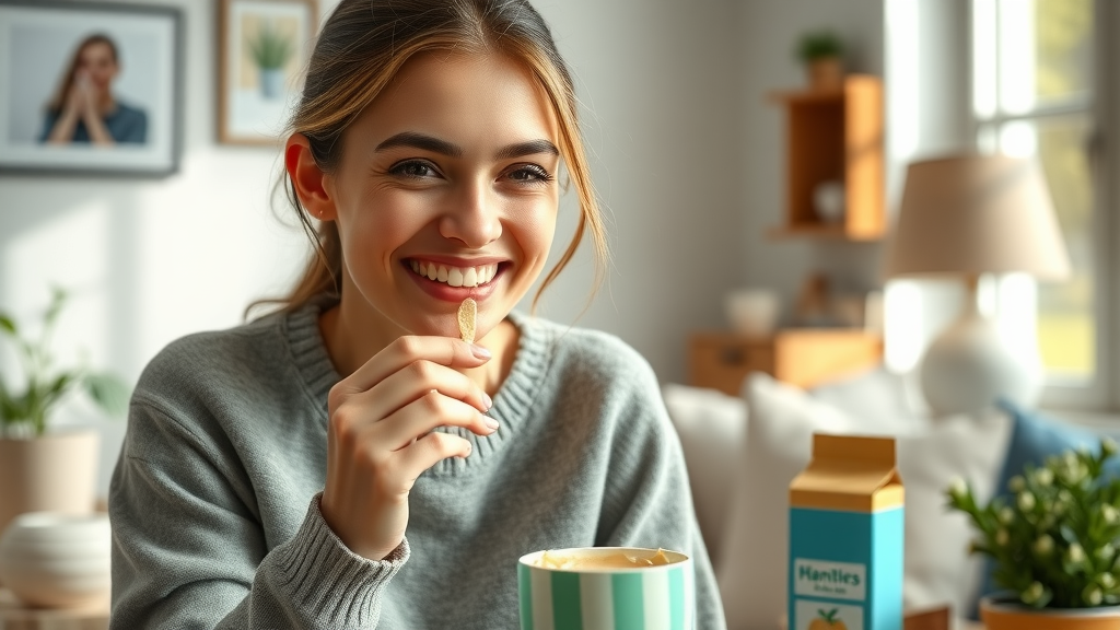 relatable nano influencer with a natural smile taste-testing a small business product in a cozy home setting - micro influencer marketing