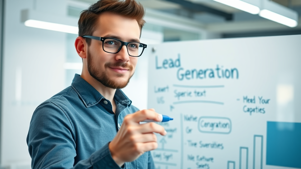 Friendly digital marketer writing lead generation terms on whiteboard, local business lead gen