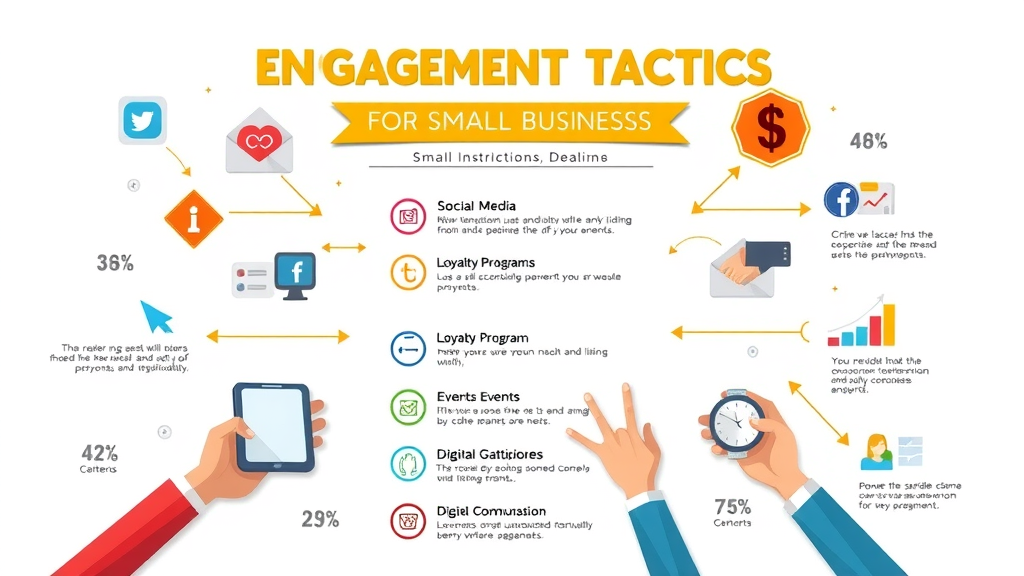 Infographic of engagement tactics for small businesses featuring icons for social media, loyalty programs, community events, digital communication in cartoony-modern pastel color design.