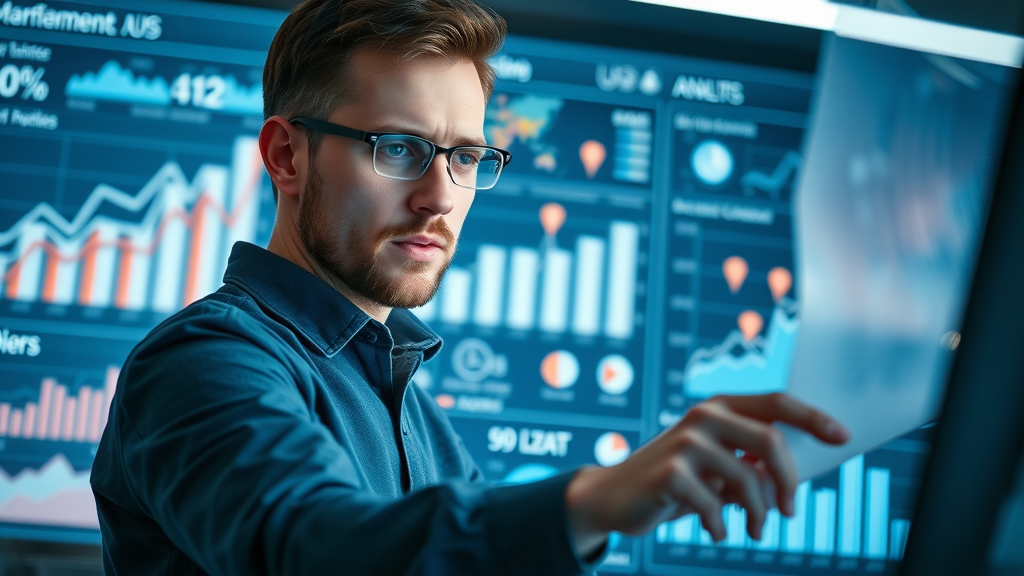 Modern analytics dashboard, small business marketer analyzing data, media marketing strategy, digital graphs, map pins, LED-lit environment