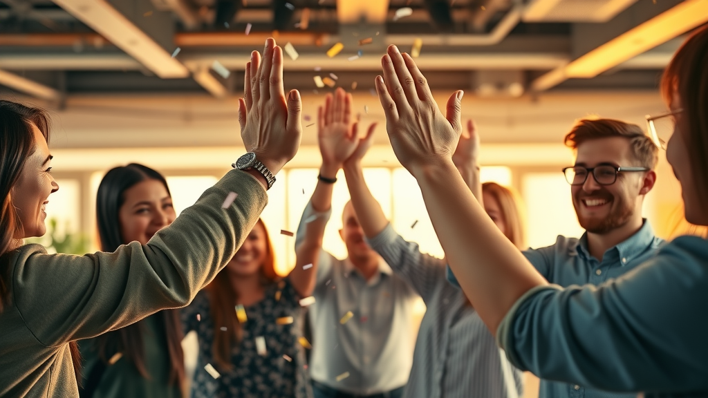 Digital marketers celebrating after improved SEO audit results with growth charts in background