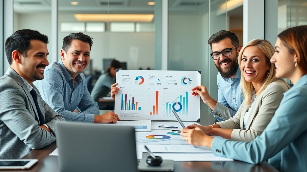 Confident business team analyzing digital marketing charts for content marketing for leads, modern office collaboration