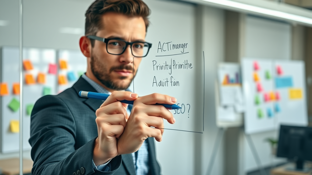 SEO manager creating actionable plan based on SEO audit checklist findings on a glass board