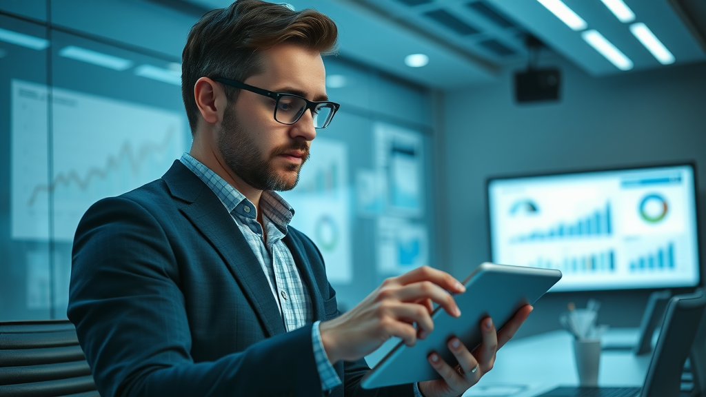 content marketing for authority: professional marketer analyzing data on a tablet in a digital corporate environment