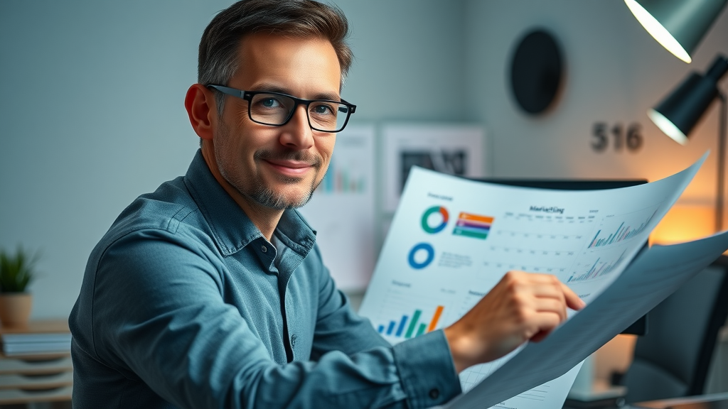 Strategic marketing planner mapping digital marketing stages - social media marketing strategies, organized workspace, marketing charts