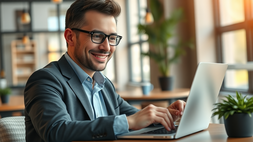 smiling businessperson checking personalized email campaign, email marketing stats, digital marketing success