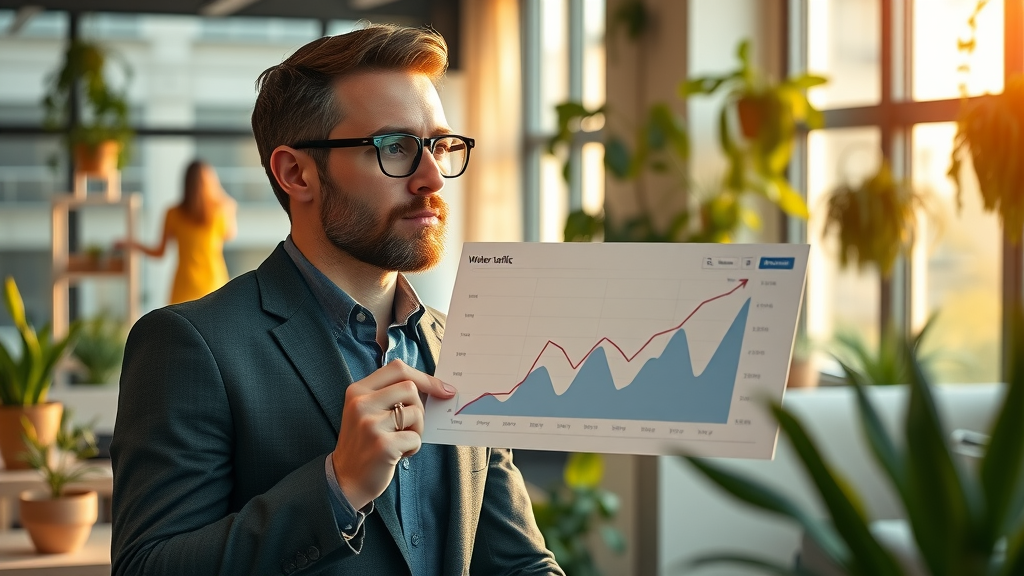 marketer showing web traffic analytics increase after keyword research