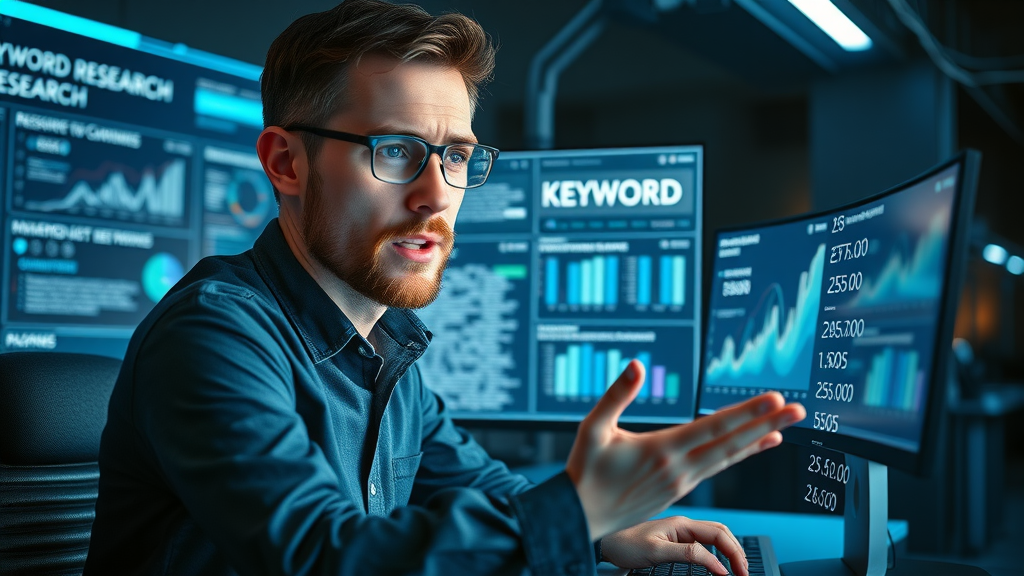 data-driven marketer analyzing keyword research software; holographic charts; advanced keyword research for on-page optimization