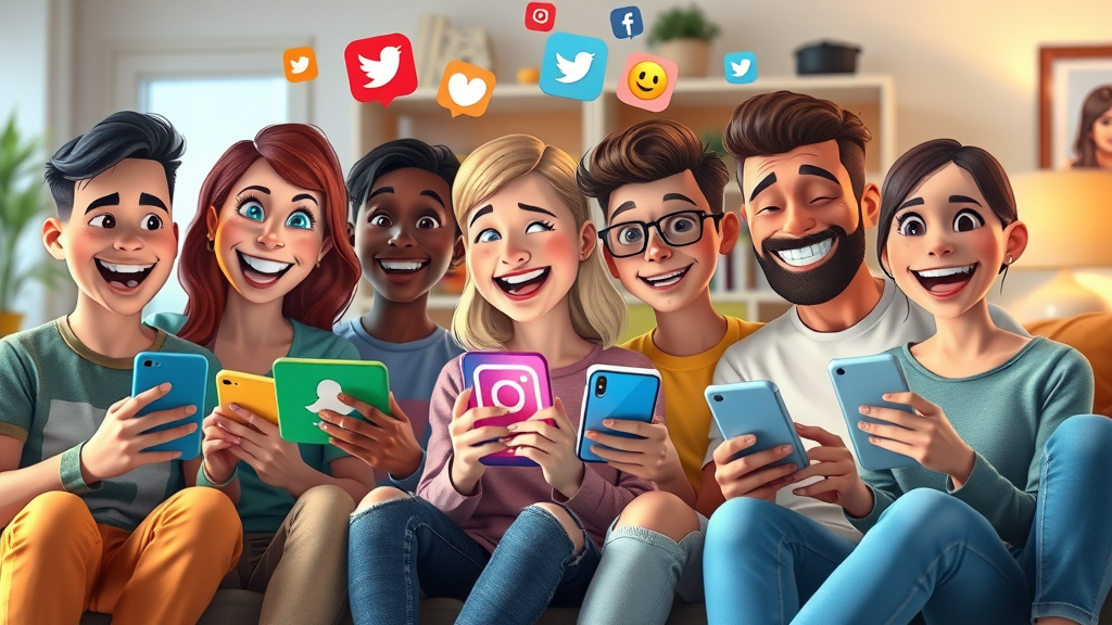 diverse group engaging with social media apps, colorful icons, social media reputation impact