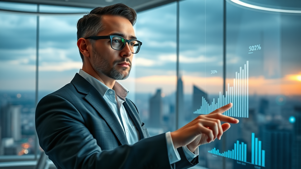 Ambitious business owner envisioning growth, advanced media marketing strategies, interactive virtual graphs, futuristic office, local business social media tactics