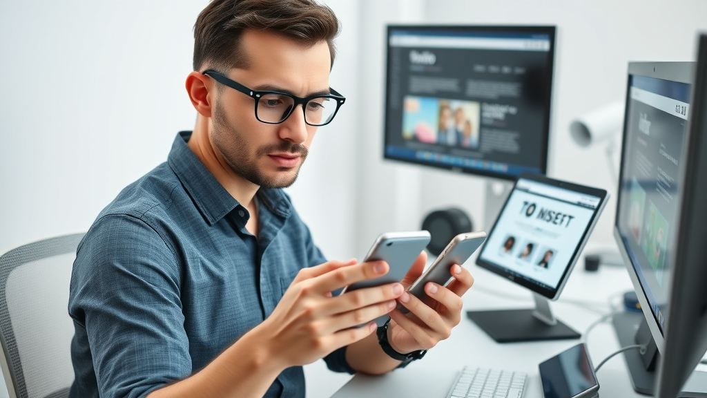 UX designer testing website on mobile devices for SEO; multi-device responsive design; mobile-friendliness in page optimization