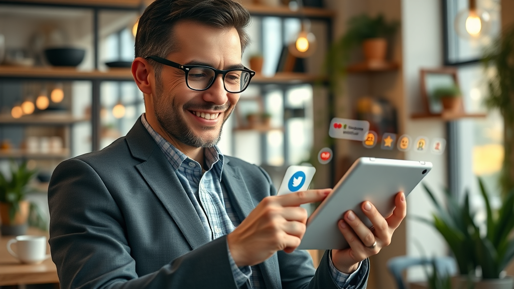 Business owner managing social media as part of engagement tactics for small businesses–engaged on tablet in bustling coffee shop.
