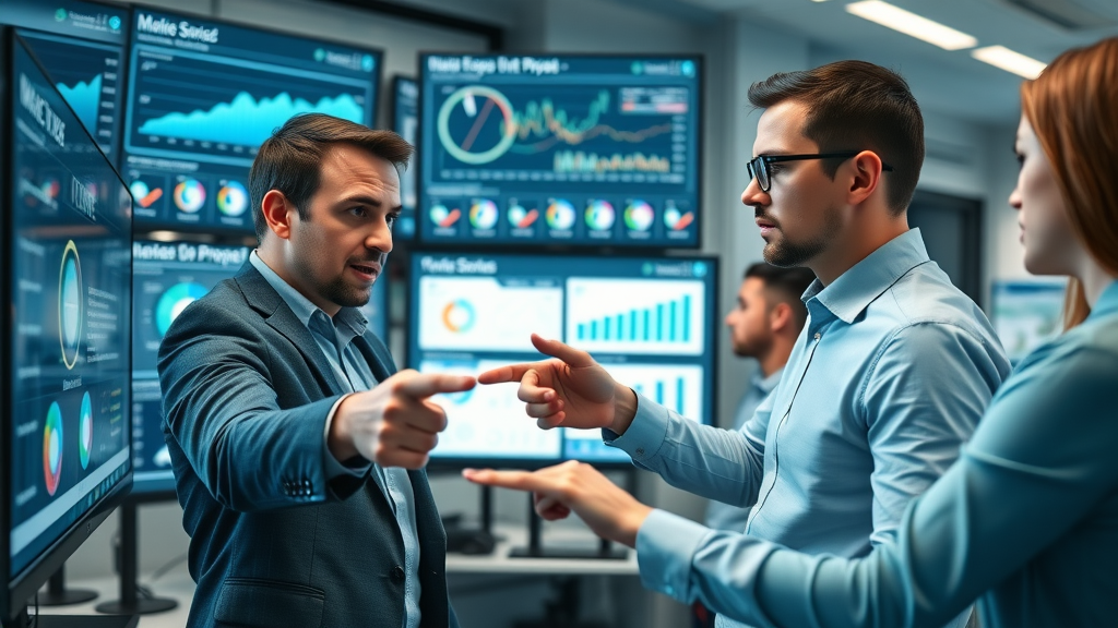 professional marketing team analyzing real-time online reputation data on multiple digital screens with brand reputation monitoring dashboards
