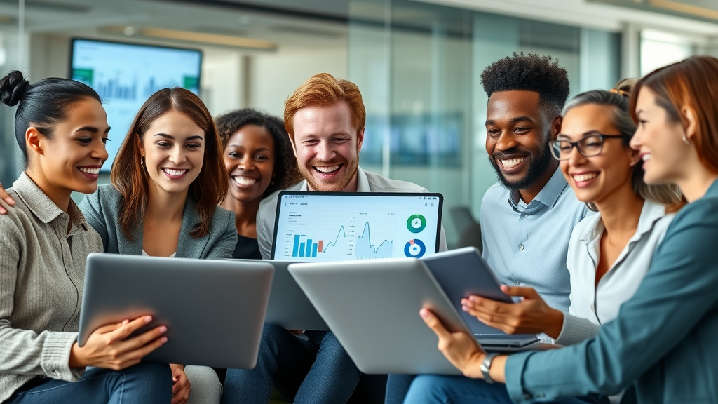 content marketing for authority: diverse business team strategizing digital content in a modern office with analytics on screens