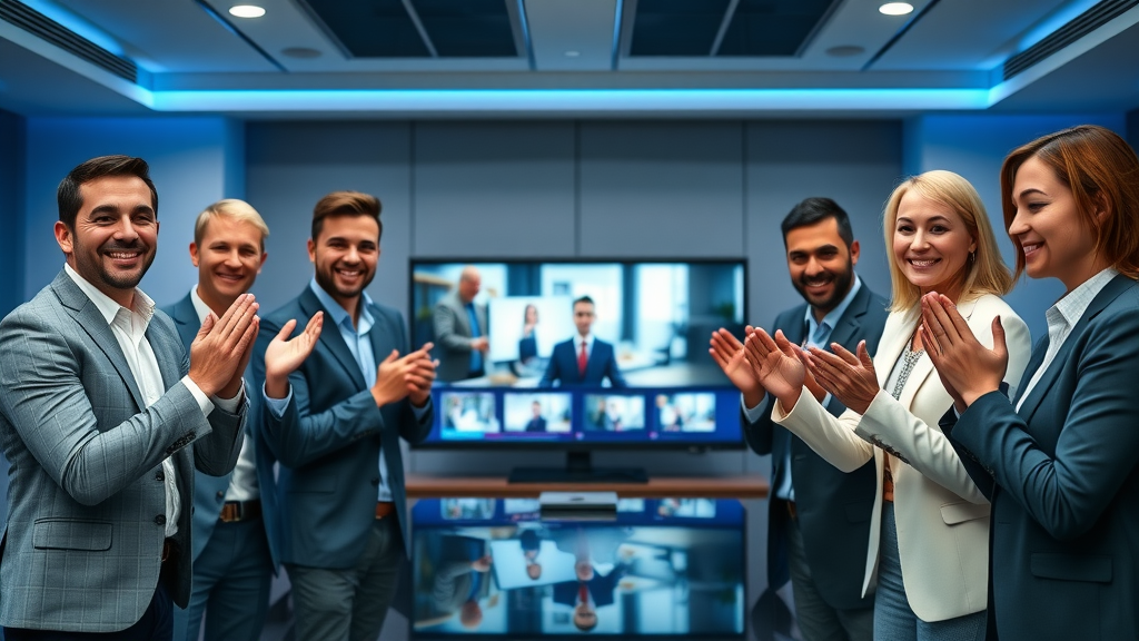 social media video marketing business team celebrating video marketing strategy results with video playback on monitors