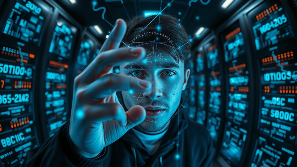 AI-powered search algorithm scanning digital data, SEO techniques, futuristic background