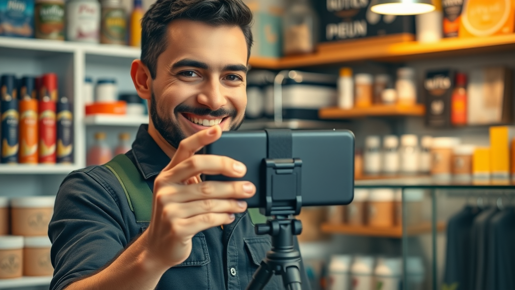 shop owner demonstrating product for affordable marketing video with smartphone