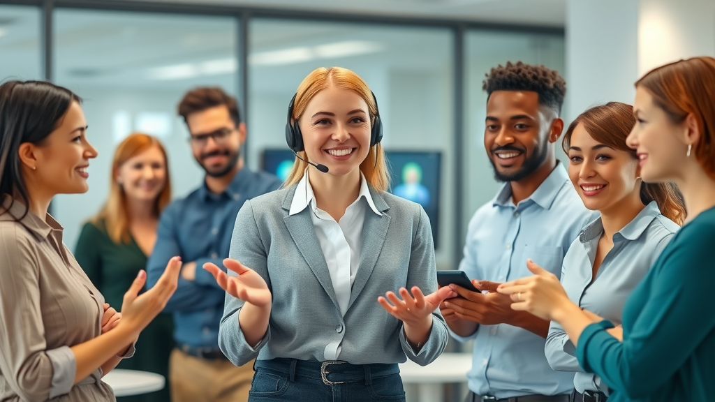 smiling customer service representative training diverse team, interactive module, positive customer experience