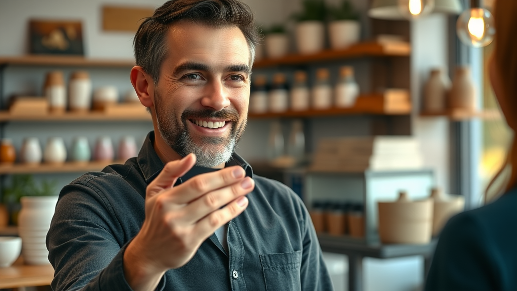 small business owner video marketing testimonial in cozy shop cafe setting