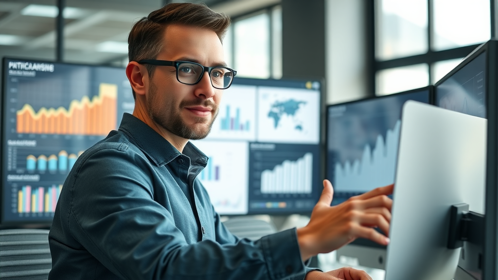 Website optimization dashboard with analytics and charts, confident web designer reviewing website performance data in a high-tech office
