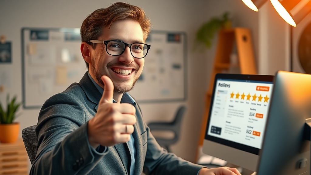 online reputation management strategist celebrating positive online feedback review charts workspace