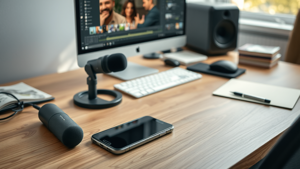 affordable video marketing tools smartphone and budget microphone with editing apps visible