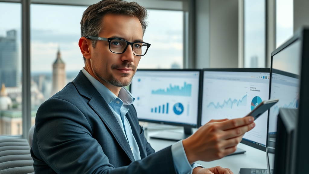 reputation management executive analyzing online brand data review summaries office monitors