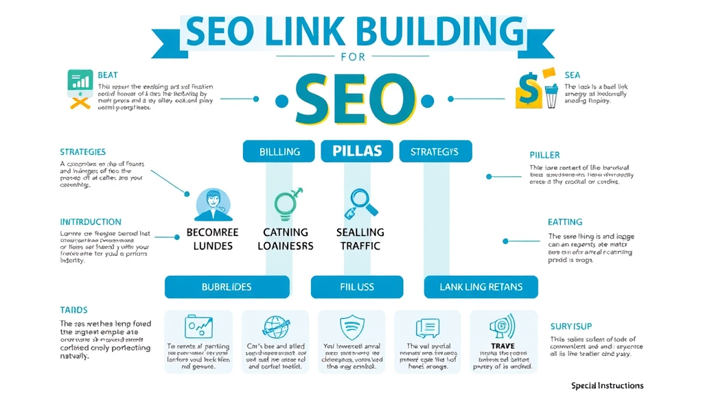 SEO link building strategies infographic with key tactics and traffic growth icons